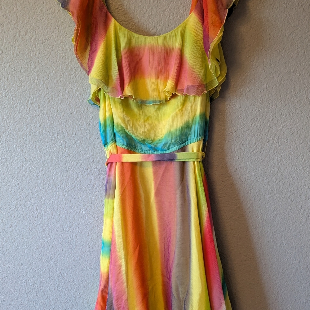 💥SALE💥 Alice + Olivia Vibrant Multicolor Rainbow Ruffle Dress 100% Silk Sz. M - Picture 9 of 13